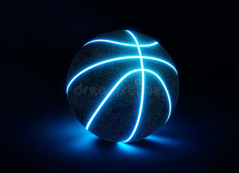 Blue Neon Basketball Ball On Crisscross Pattern Floor. Wallpaper Stock