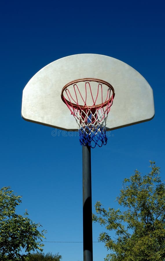 Red White and Blue Basketball net, white backboard and clear blue sky. Red White and Blue Basketball net, white backboard and clear blue sky.