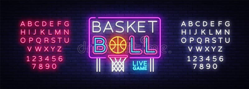 Basketball neon sign vector. Basketball Design template neon sign, light banner, neon signboard, nightly bright stock illustration Basketball neon sign vector. Basketball Design template neon sign, light banner, neon signboard, nightly bright stock illustration