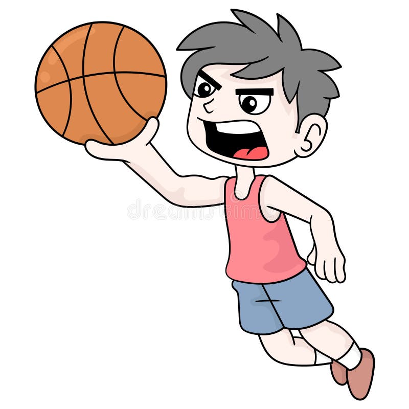 Basketball Player Boy Doing a Slam Dunk Move, Doodle Icon Image Kawaii