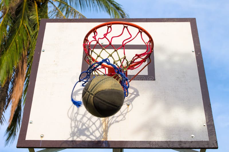 Basketball sport equipment. Ball and basket activity. Summer outdoor sport game.