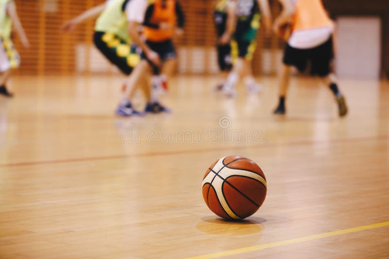 Basketball Training Game Background. Basketball on Wooden Court Floor