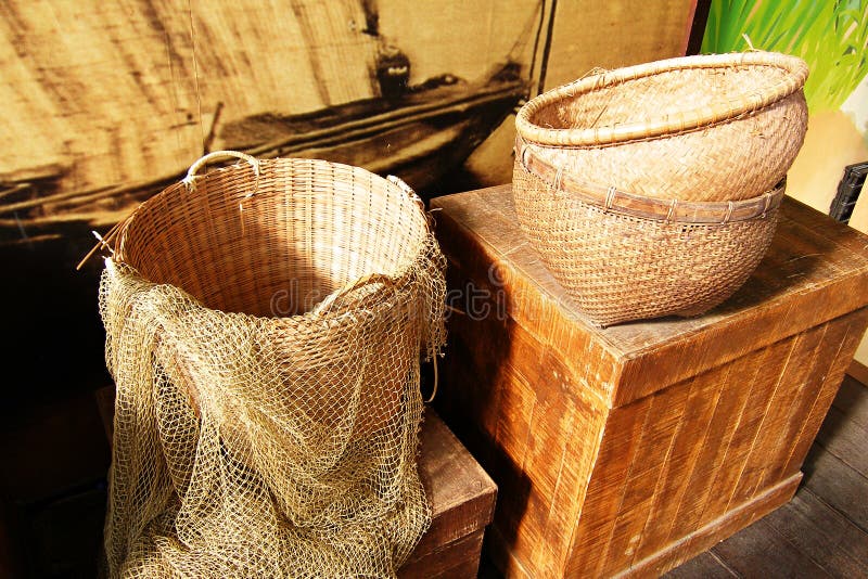 Baskets and fishing net stock image. Image of basket, crates 4802395