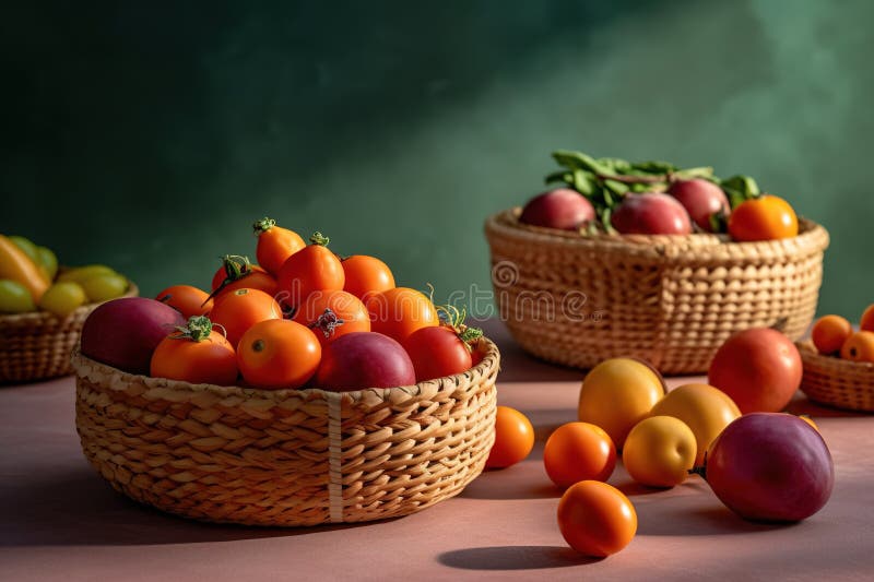 Baskets of Fruit and Vegetable on a Pastel Background Stock