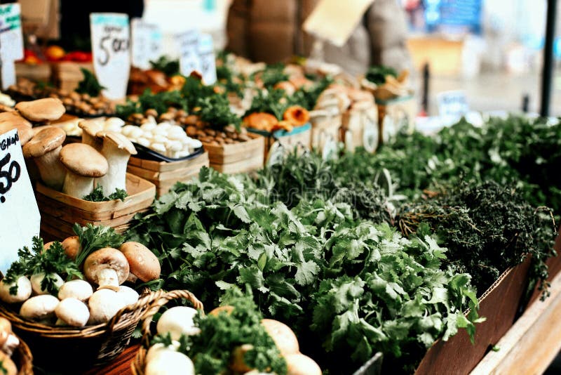 Baskets of mushrooms and herbs at Farmers market in Montreal Quebec
