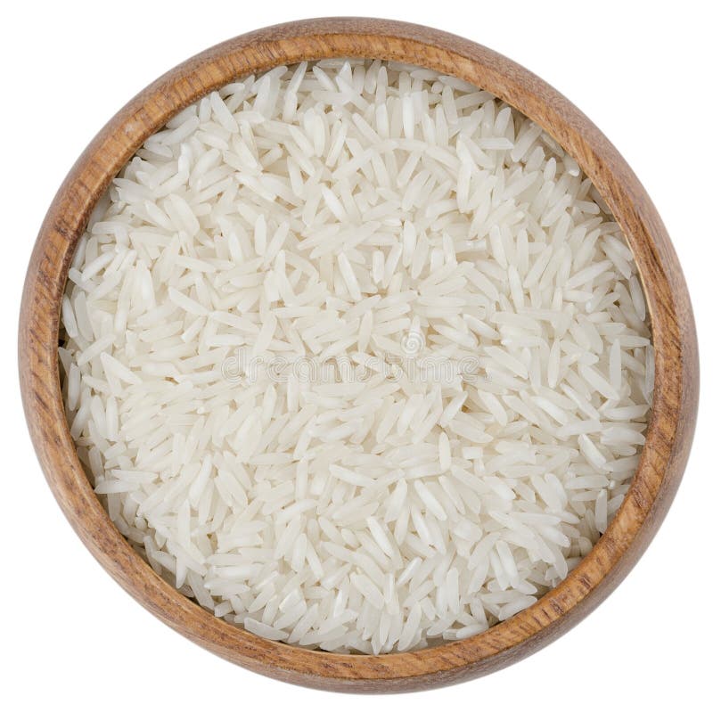 Basmati Rice Groats in Wooden Bowl Isolated on White Background. Top