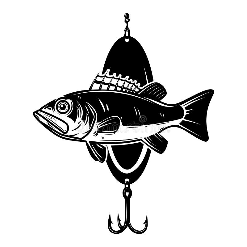 Bassfish and Fishing Hook. Design Element for Emblem, Sign, Badge