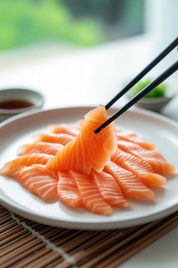 Bastoncini per salmone fresco sashimi su piatto bianco con salsa di soia e wasabi illustrazione di stock