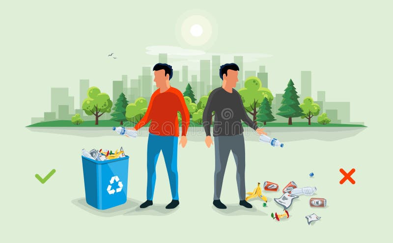 Basura que deja en desorden correcta e incorrecta alrededor del cubo de la basura con el PE ilustración del vector