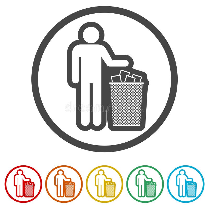 Basura que lanza en un bote de basura, 6 colores de la silueta humana incluidos stock de ilustración