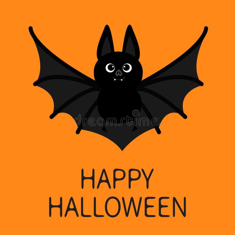 Bat flying. Happy Halloween. Cute cartoon character with big open wing, ears and legs. Black silhouette. Forest animal