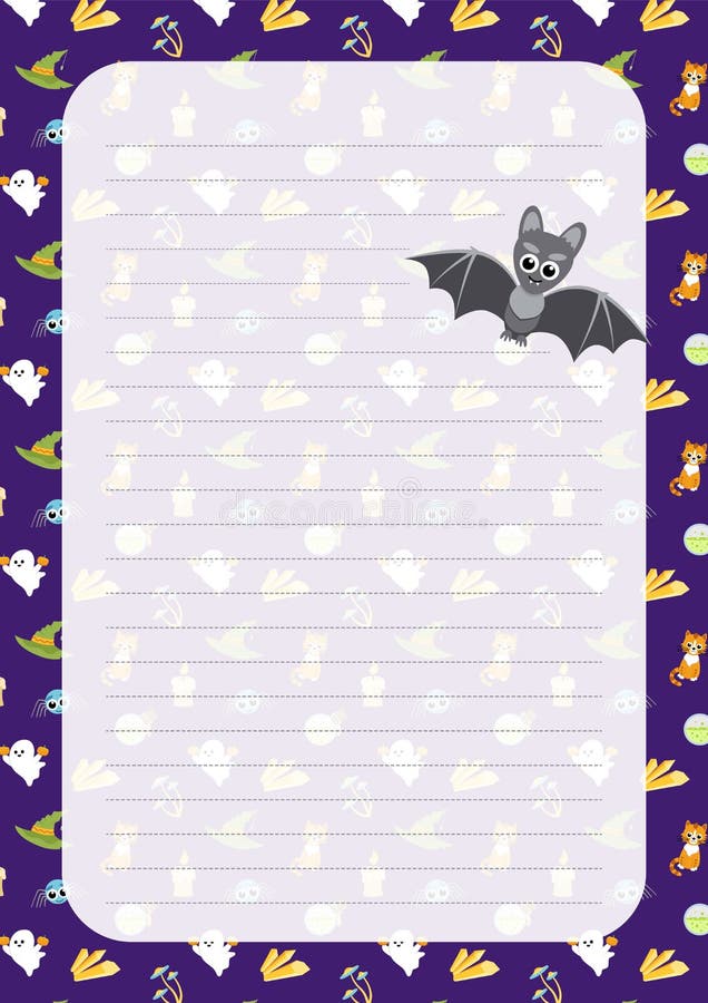 Bat. Note Paper. Page. Halloween Notebook Sheet. Cartoon, Flat, Vector