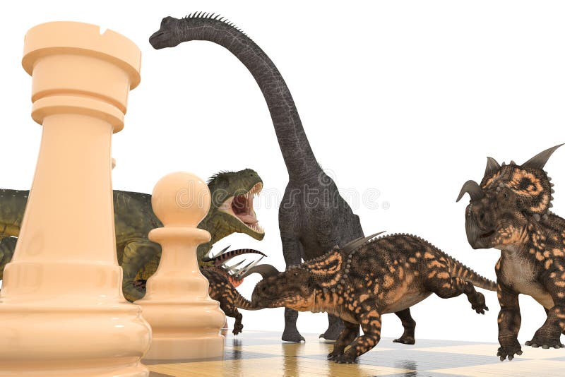 A Batalha Dos Dinossauros Com Xadrez Em Um Tabuleiro De Xadrez 3d  Ilustração Foto Royalty Free, Gravuras, Imagens e Banco de fotografias.  Image 153933283