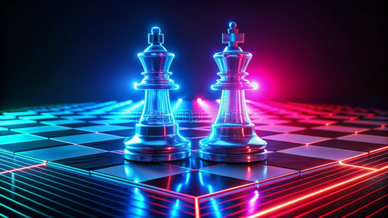 Batalla de ajedrez en IA Futurista demostración digital de computadoras azules contra rojas en un tablero de ajedrez holográfico ilustración del vector