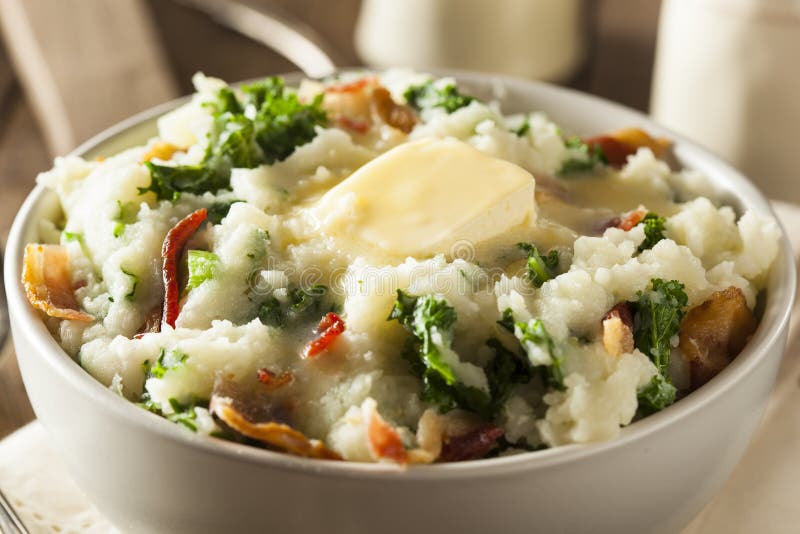 Homemade Irish Potato Colcannon with Greens and Pork. Homemade Irish Potato Colcannon with Greens and Pork