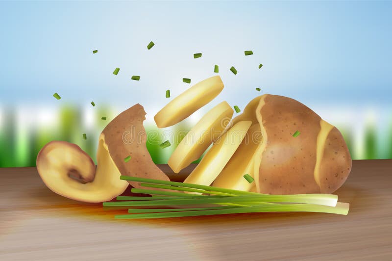Batatas descascadas cruas com pele torcida e as cebolas verdes frescas ilustração do vetor Batatas descascadas cruas com pele torcida e as cebolas verdes frescas ilustração do vetor