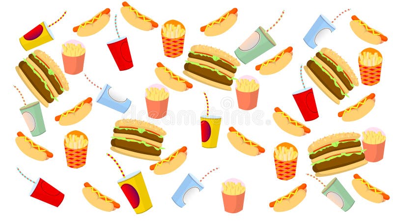Batatas fritas, cachorro quente, Hamburger e bebida no fundo branco ilustração stock Batatas fritas, cachorro quente, Hamburger e bebida no fundo branco ilustração stock