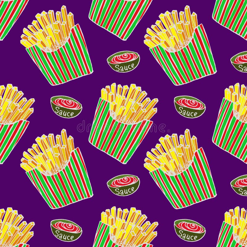 Batatas fritas em uma caixa e em um molho listrados, esboço branco ilustração do vetor Batatas fritas em uma caixa e em um molho listrados, esboço branco ilustração do vetor