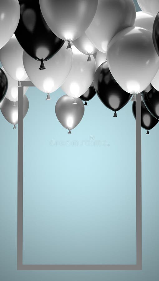 Batch Of Balloons Under Ceiling With Frame And Empty Space. Copy Space. 3d rendering. Batch Of Monochrome Metallic Balloons Under Ceiling With Frame And Empty Space.