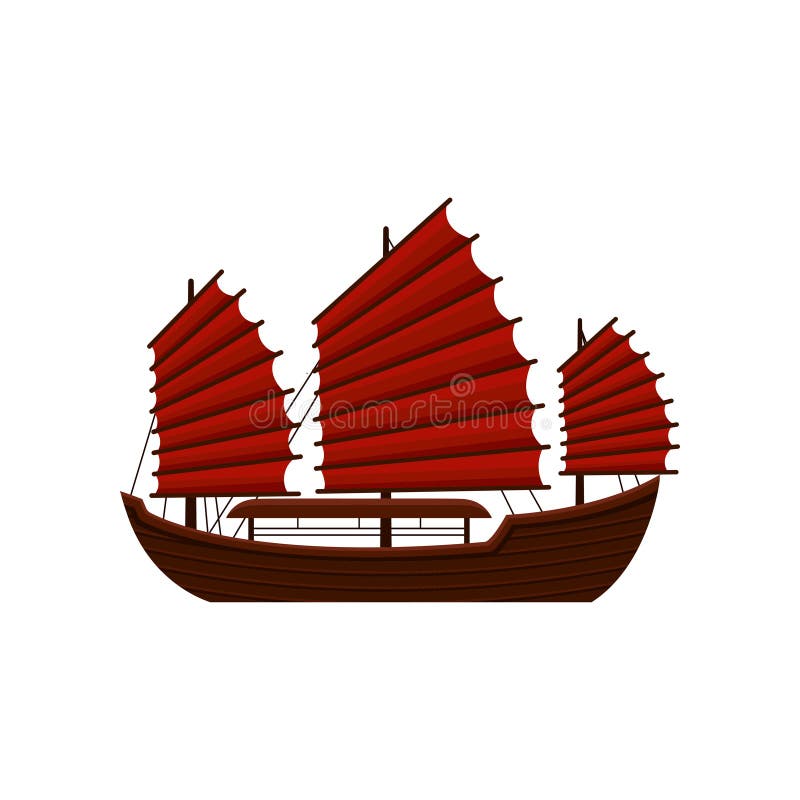 Bateau d'ordure de chinois traditionnel avec les voiles rouges Vieux bateau de navigation en bois Navire marin asiatique Symbole
