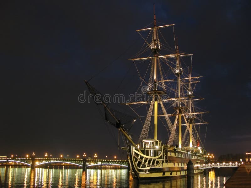 The lit sailing ship at night coast. The lit sailing ship at night coast