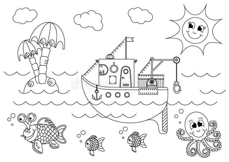 Bateau de pêche flottant en mer avec les poissons et le poulpe illustration stock Bateau de pêche flottant en mer avec les poissons et le poulpe illustration stock
