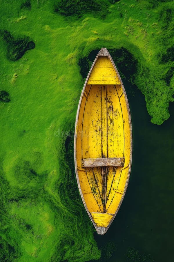 Bateau jaune sur l'eau verte photo stock