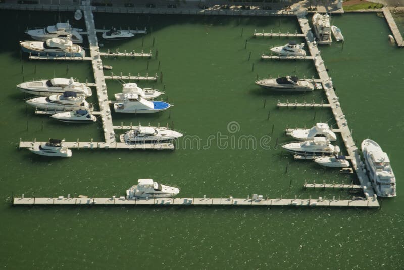 Overhead view of boats moored in marina, Miami, Florida, U.S.A. Overhead view of boats moored in marina, Miami, Florida, U.S.A.