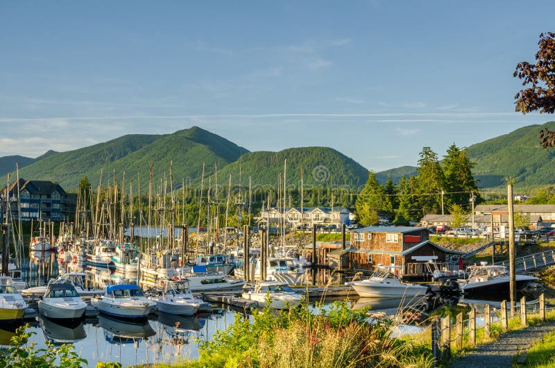 Boats Moored to the Jetties at Ucluelet Harbour at Sunset. Boats Moored to the Jetties at Ucluelet Harbour at Sunset