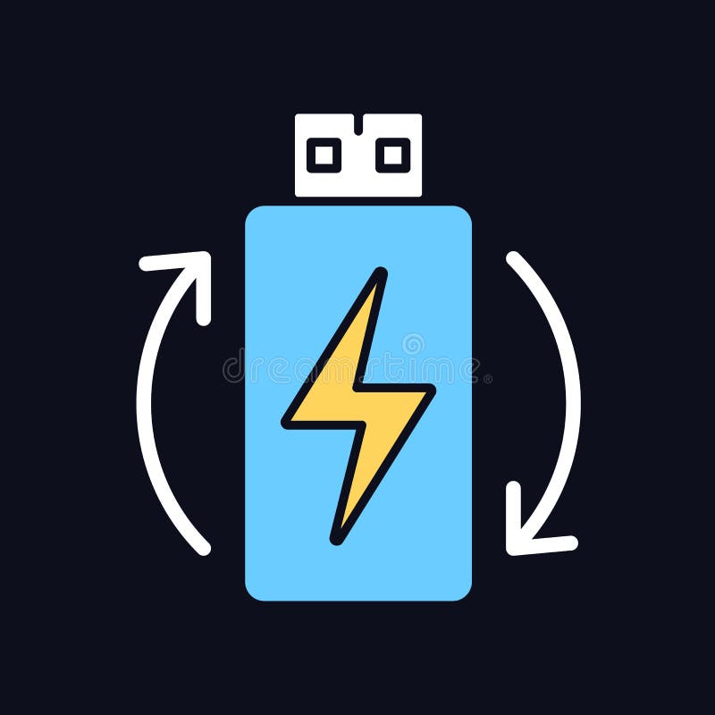 Rechargeable lithium ion battery RGB color manual label icon for dark theme. Isolated vector illustration on night mode background. Simple filled line drawing on black for product use instructions. Rechargeable lithium ion battery RGB color manual label icon for dark theme. Isolated vector illustration on night mode background. Simple filled line drawing on black for product use instructions