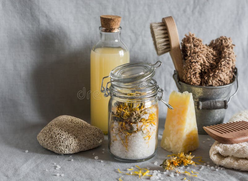 Bath accessories - homemade sea salt with calendula, natural shampoo, brush, washcloth, pumice, homemade oat soap. Health, beauty