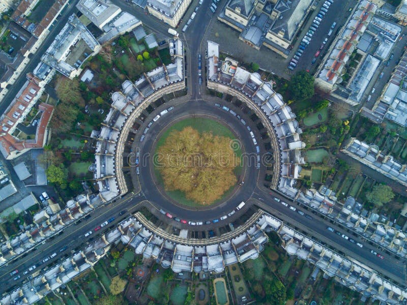 Bath Circus from the drone. Aerial view of the Royal Circus in Bath taken by a drone Bath Circus from the drone. Aerial view of the Royal Circus in Bath taken by a drone