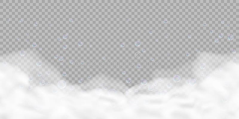 Bath foam with bubbles isolated on transparent background. Realistic soap lather texture. Vector illustration of shampoo stock illustration