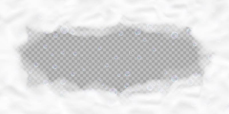 Bath foam frame with bubbles isolated on transparent background. Realistic soap lather texture. Vector illustration of shampoo, gel or mousse suds overlay effect.
