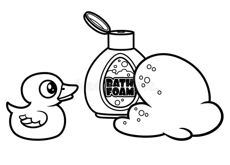 Spumă de baie și rață de cauciuc evidențiată pe alb royalty free illustration