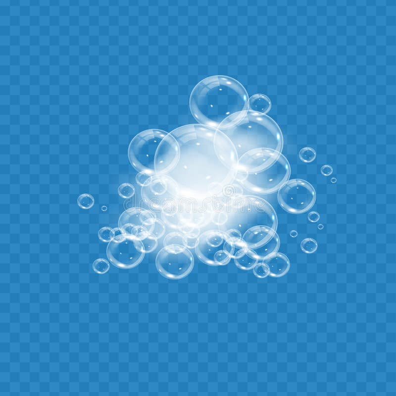 Bath foam with soap bubbles isolated on transparent background. Realistic soap sud texture. Vector illustration of stock illustration
