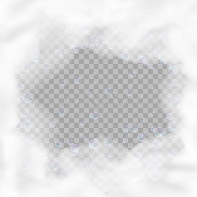 Bath foam square frame with bubbles isolated on transparent background. Realistic soap lather texture. Vector vector illustration