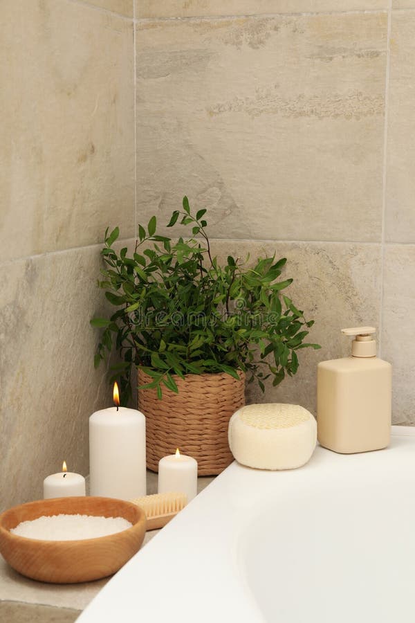 Bath with Personal Hygiene Accessories in Light Beige Bathroom Stock