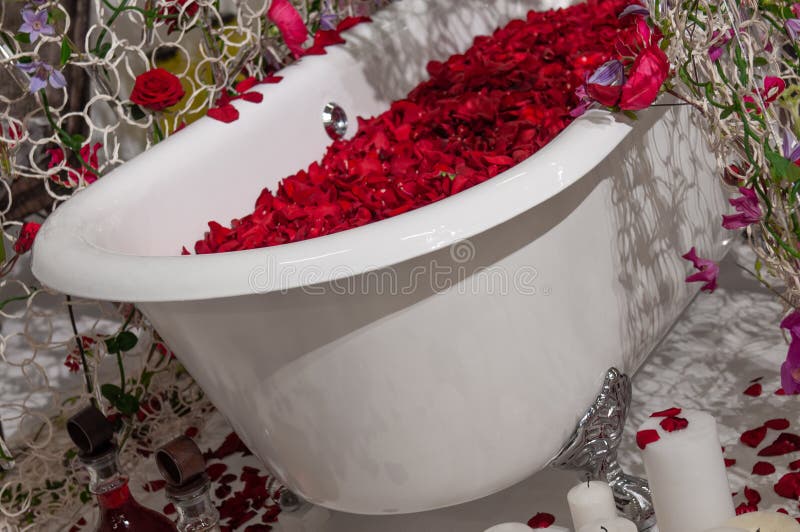 Bath with rose petals stock photo. Image of adult, drop 181969510