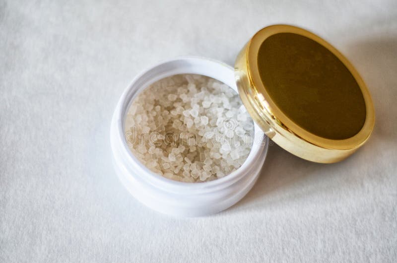 Bath Salt Crystals in White Jar on Light Background Stock Image Image