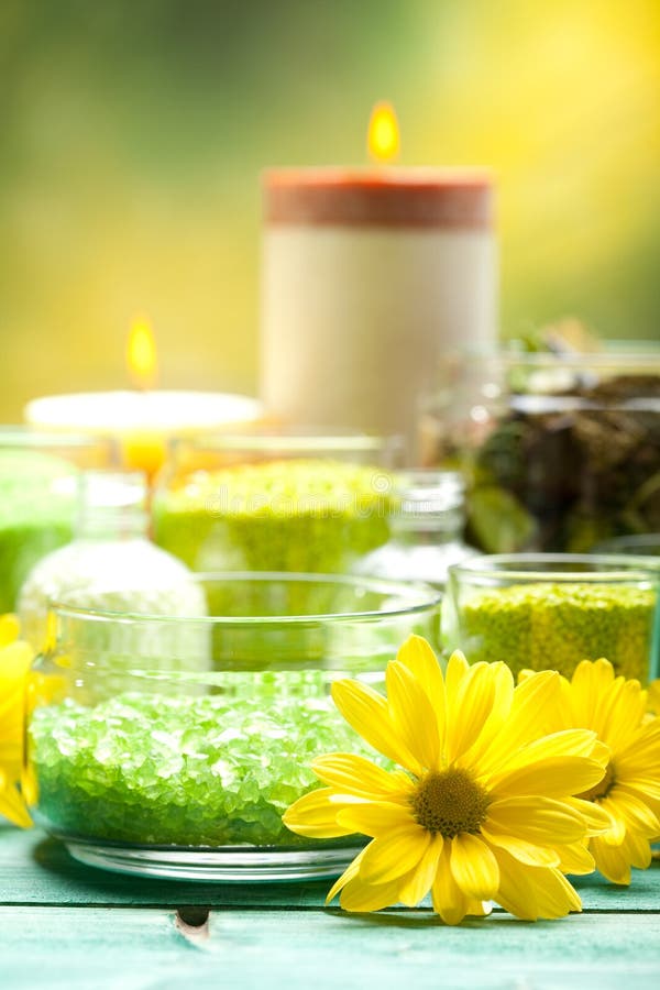 Bath salt, flowers and candles