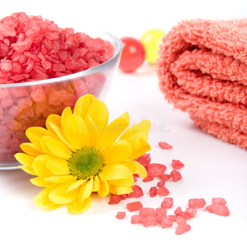 Bath salt, towel and flower