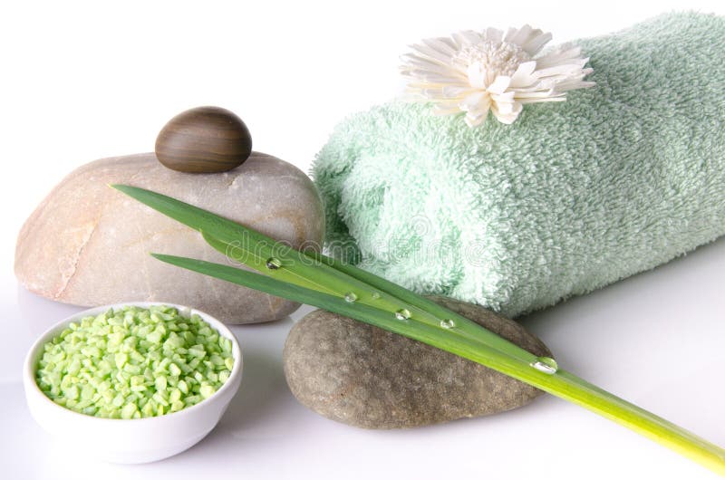 Bath salt with a towel stock image. Image of stone, health 40096235
