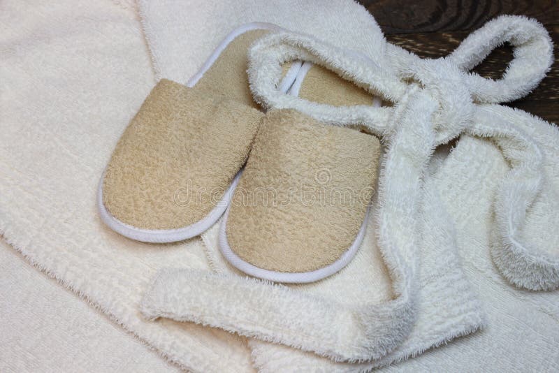 Bath slippers and bathrobe stock image. Image of cotton - 128225489