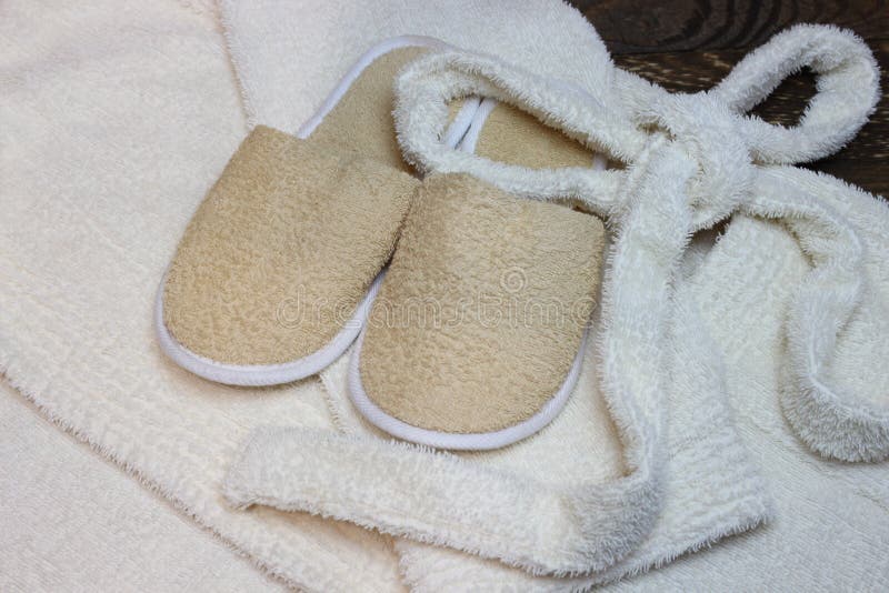 Bath slippers and bathrobe stock image. Image of cotton 128225489
