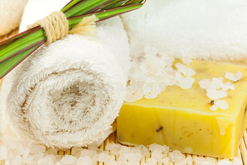 Bath Towel with Sea Salt on the Mat Stock Image Image of health, plant 28358283