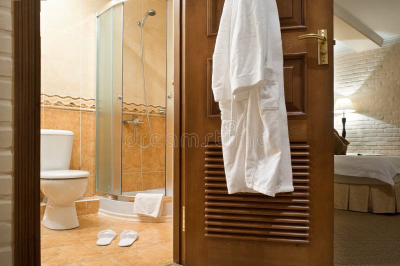 Bathrobe and shower stock image. Image of doors, beauty 8452183