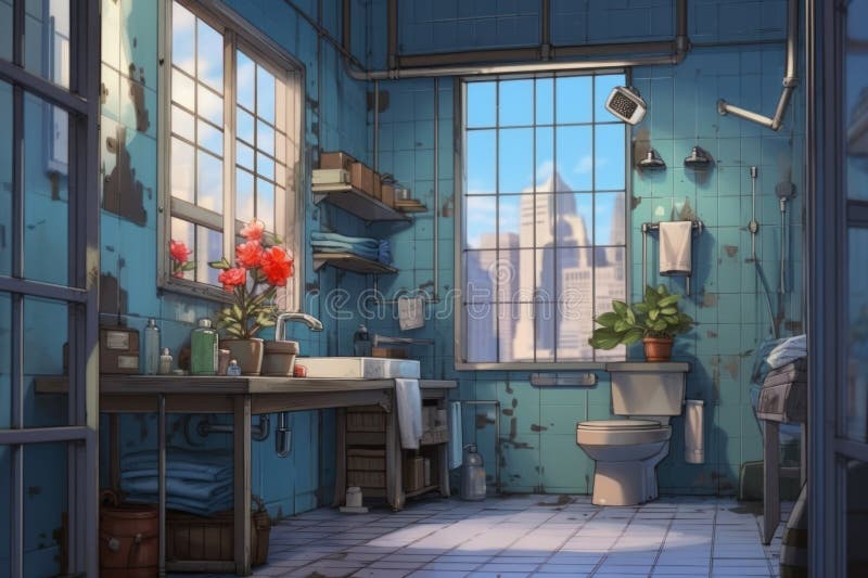 Bathroom Anime Visual Novel Game. Generate Ai Stock Illustration