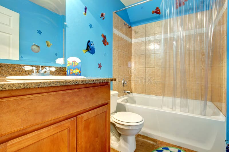 Aqua Bathroom with White Tile Wall Trim. Stock Image Image of sink