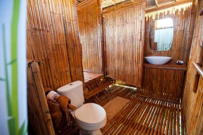 Bathroom Bamboo with Masonry Shower Cubicle and Bathtub Stock Photo